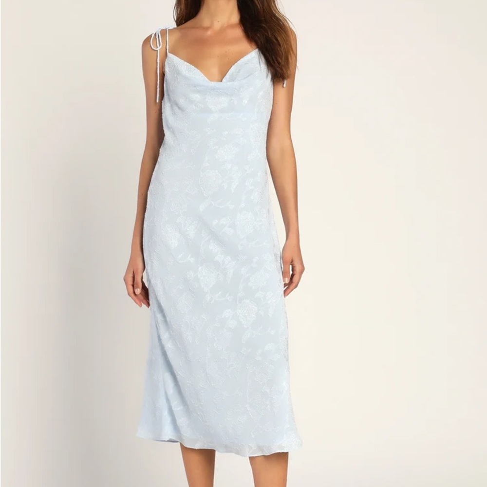 NWOT Lulu’s Light Blue Dearest Dreams Floral Tie Strap Slip Cowl Neck Midi Dress